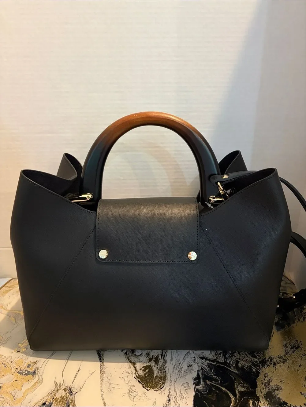 Claudia Firenze LeatherBlack Wooden Top-Handle Tote